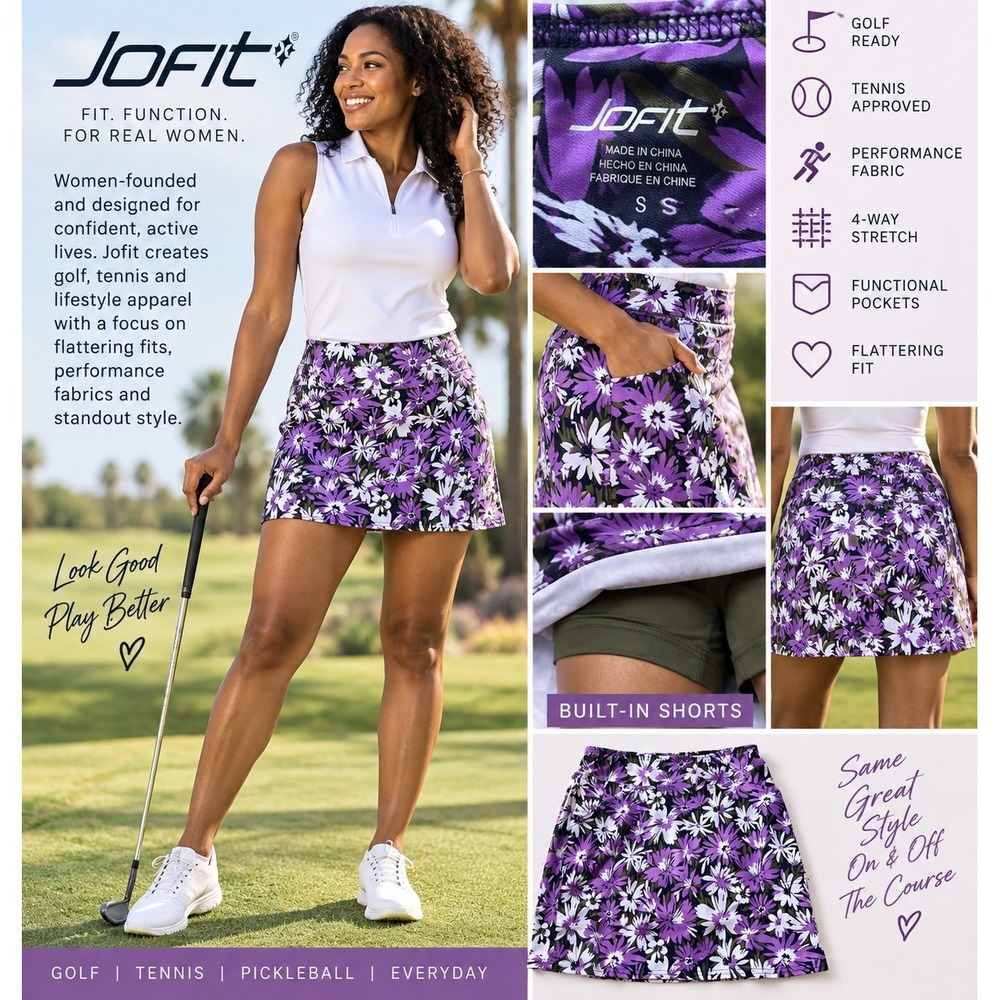 Jofit Golf Skort Womens Small Purple Floral 17 Inch Tennis Pickleball Skirt